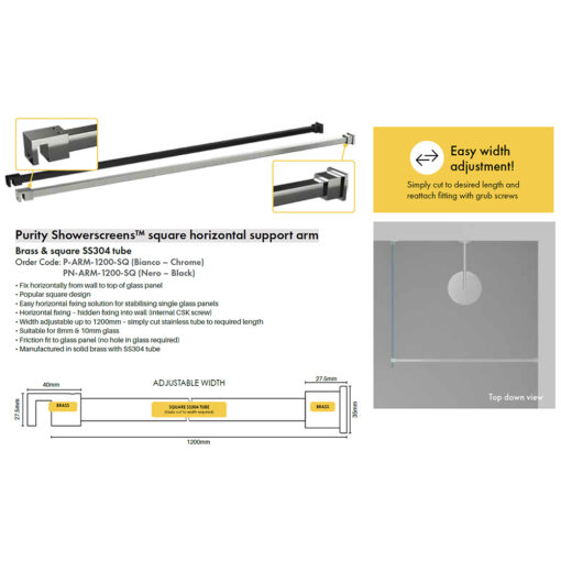 Square Horizontal Support Arm 1200mm - Image 2