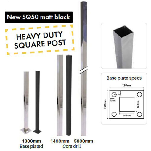 Square Post 50x50mm Heavy Duty With Base Plate 1300mm - Image 2